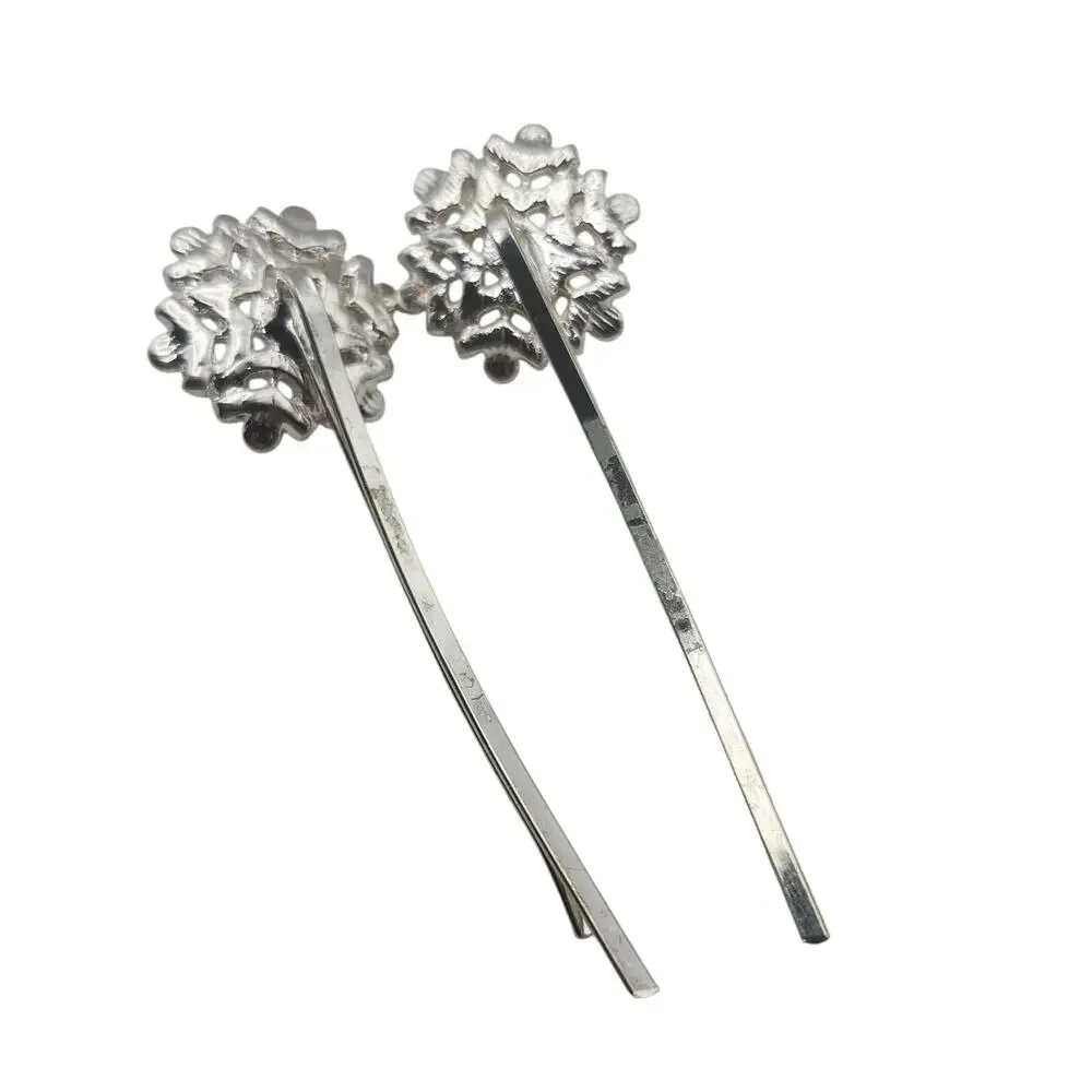 Silver Rhinestone Pearl Starburst Flower Bobby Pins Hair Clip Accessory Lot Set